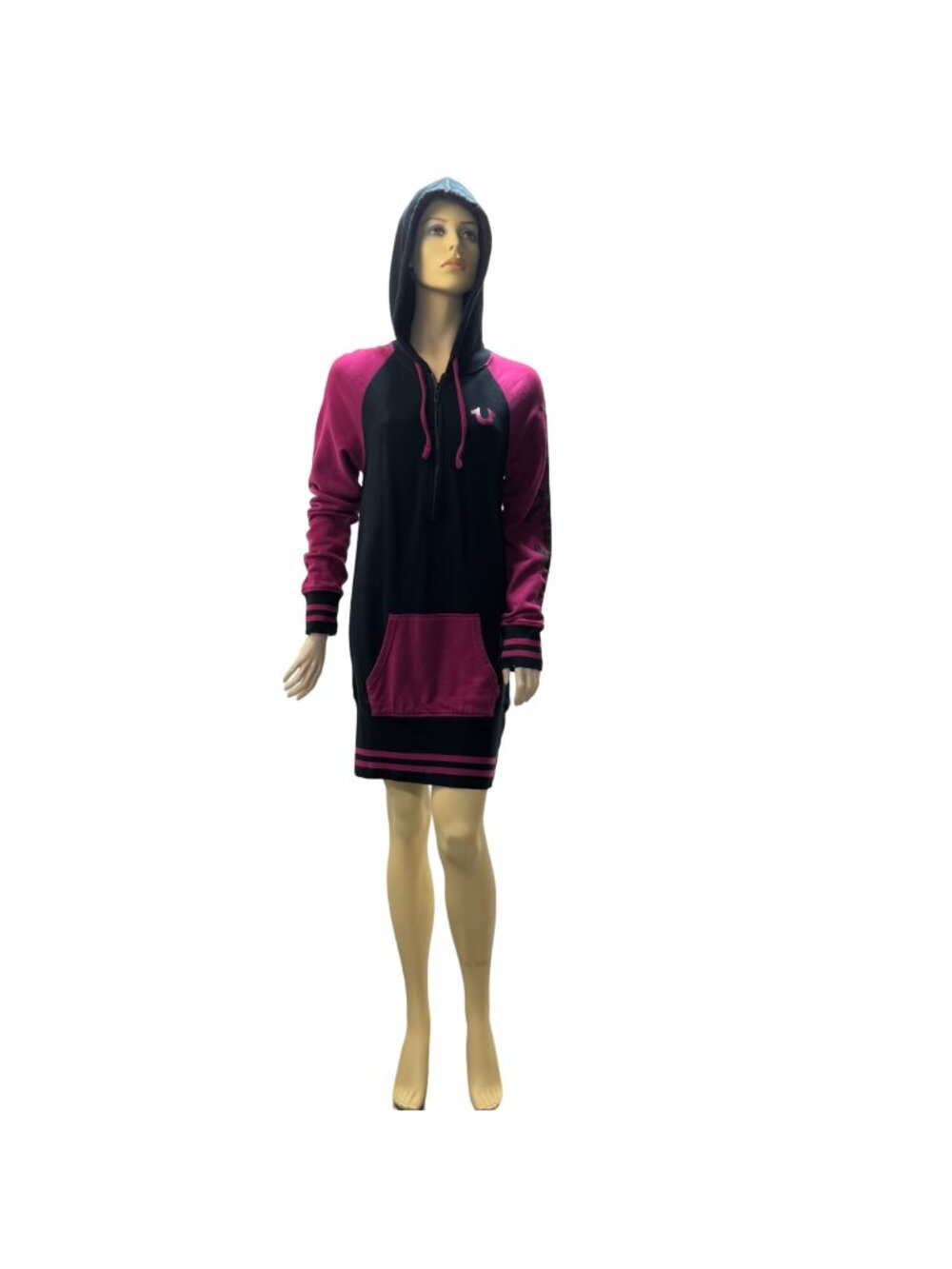 TRUE RELIGION Women's Half Zip Hoodie Dress Black & Pink Cotton Size M/M